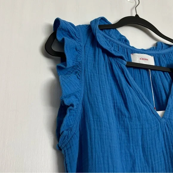 Xirena Bex Cotton Ruffle V-Neck Top in Deep Wave Size XS NEW Gauze Lightweight - Picture 5 of 14